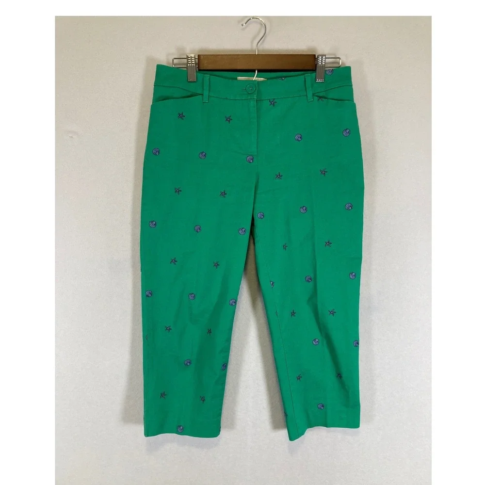 Coastal Preppy Talbots Women 4P Green‎ Embroidered Shell Starfish Ankle Pants